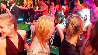 Sexy dames get roughly throbbed at a peculiar club party cum orgy