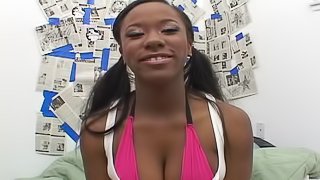She shows off that ebony booty then gets it filled with white dick