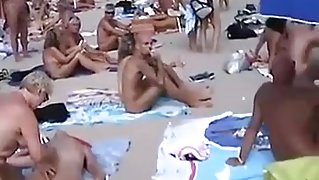 A few shameless couples bang on a nude beach in hidden cam clip