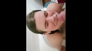 Shower blowjob with cumshot from slut wife