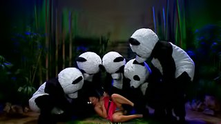 Sexy brunette babe gets gangbanged by panda mascots