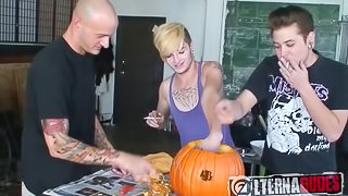 Halloween threesome with a cute gay guy taking two dicks