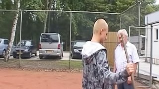 Shaved head slut has hot sex with a chubby old man