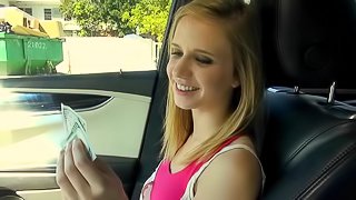 Skinny teen gets paid to suck the biggest cock she's seen
