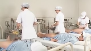 Asian nurses slurping cum out of loaded shafts in group