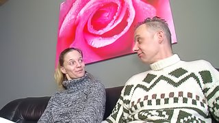 Trashy German slut in a sweater strips and gets laid