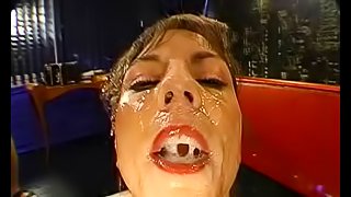 Salacious brunette caught among a sexually starved gang for an intense fucking