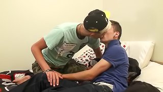 Hot gay teen with short blonde hair sucking his boyfriend's cock