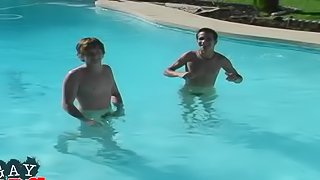 Gay teen with a nice body getting his cock sucked next to his swimming pool